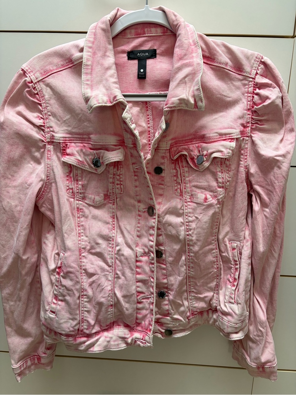 Aqua Light Pink Distressed Denim Trucker Jacket